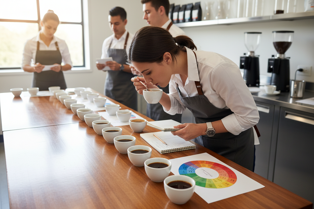 Coffee cupping session with people tasting and evaluating coffee aroma and flavor notes
