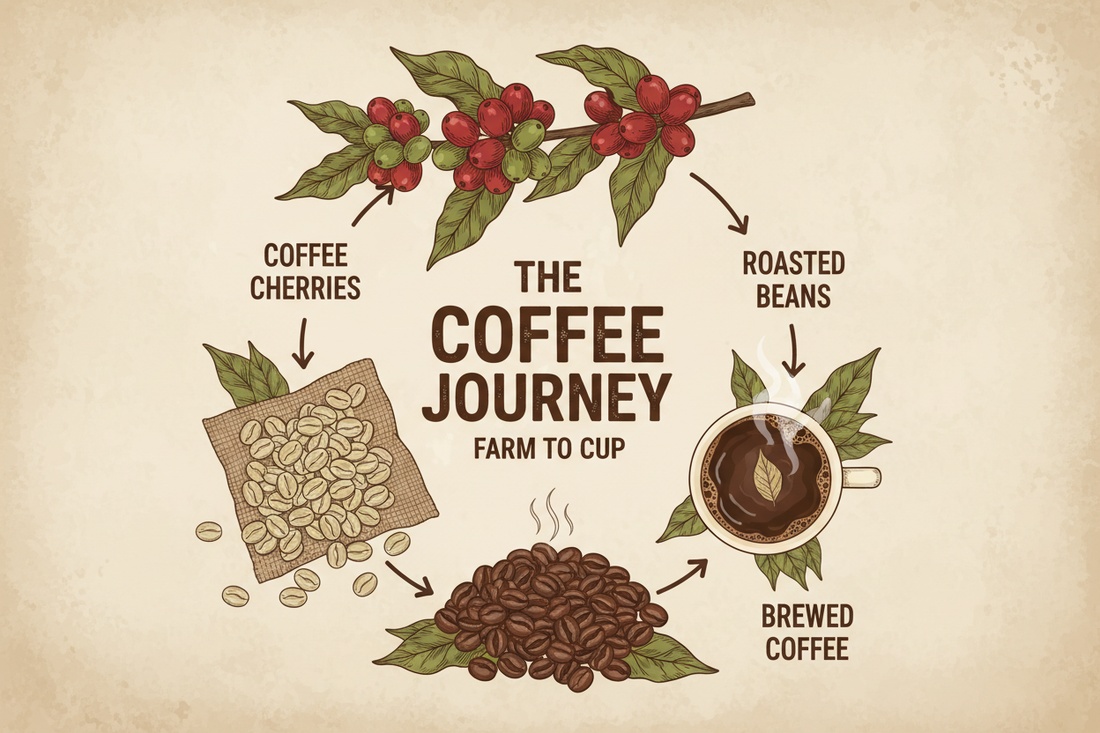 Coffee journey infographic showing coffee cherries, green beans, roasted beans, and brewed coffee.