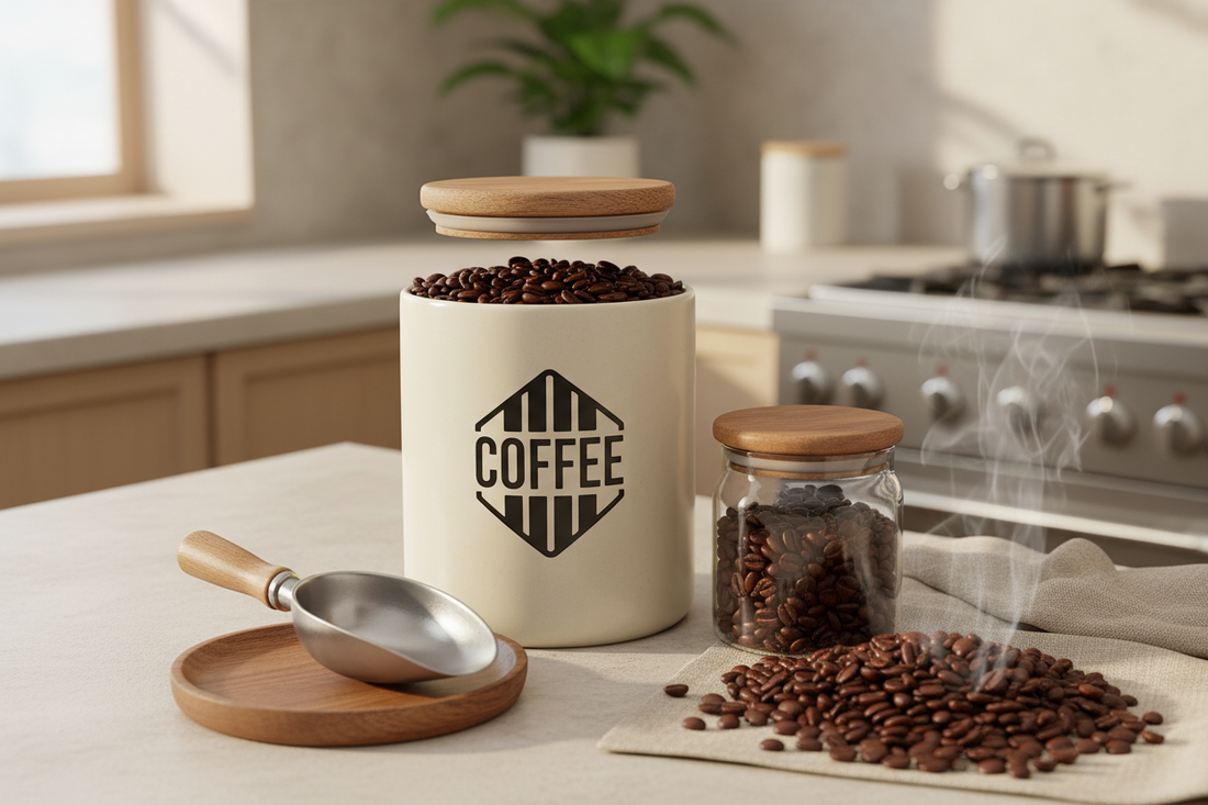 Fresh coffee beans in a ceramic storage jar with scoop on kitchen counter