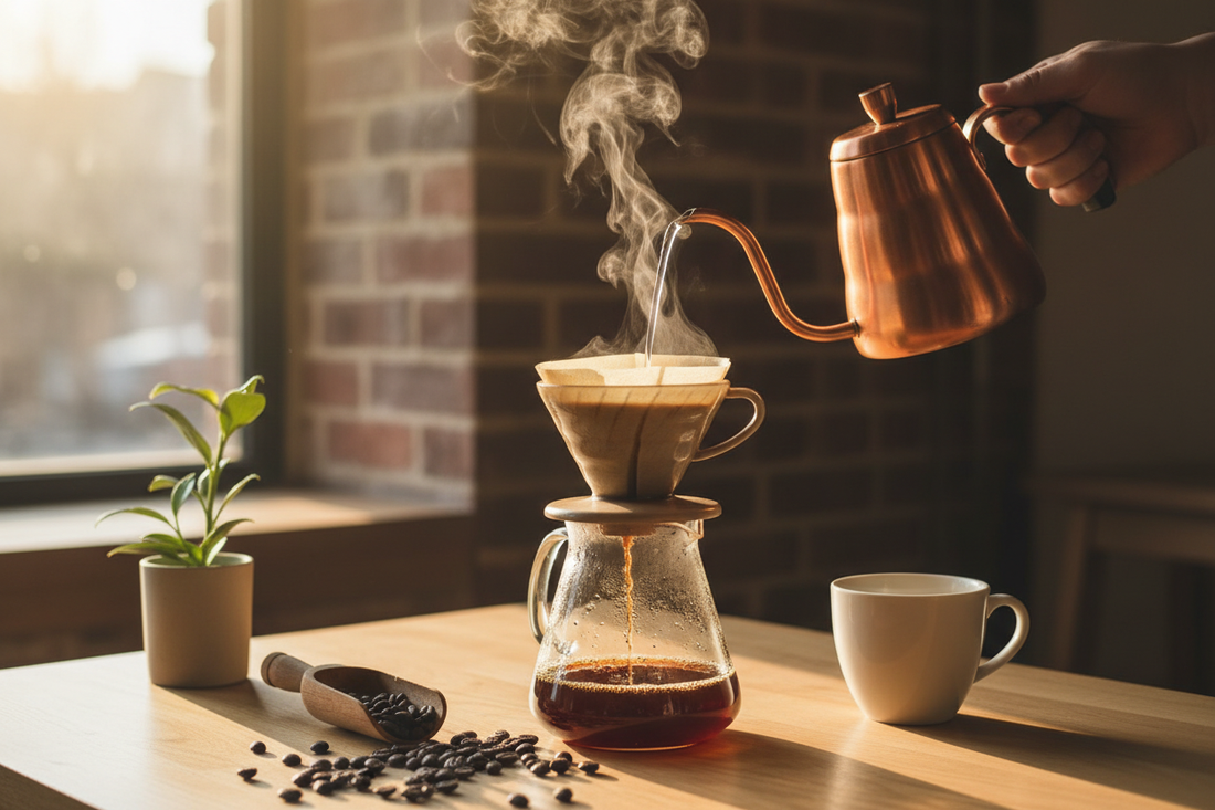 Pour over coffee brewing with gooseneck kettle, glass carafe, and coffee beans on table