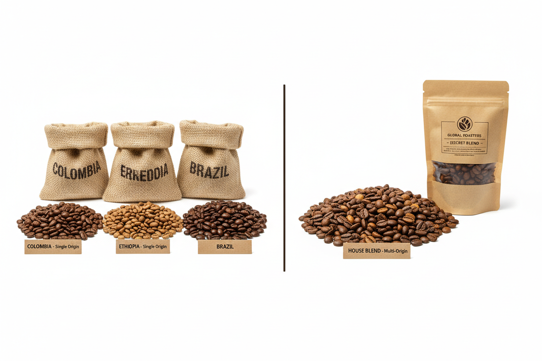 Single origin coffee beans from Colombia, Ethiopia, Brazil and a house blend coffee, with bags.