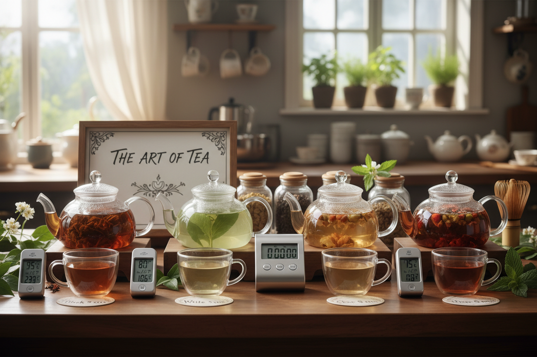 Glass teapots and cups with various teas, digital thermometers, tea brewing guide display