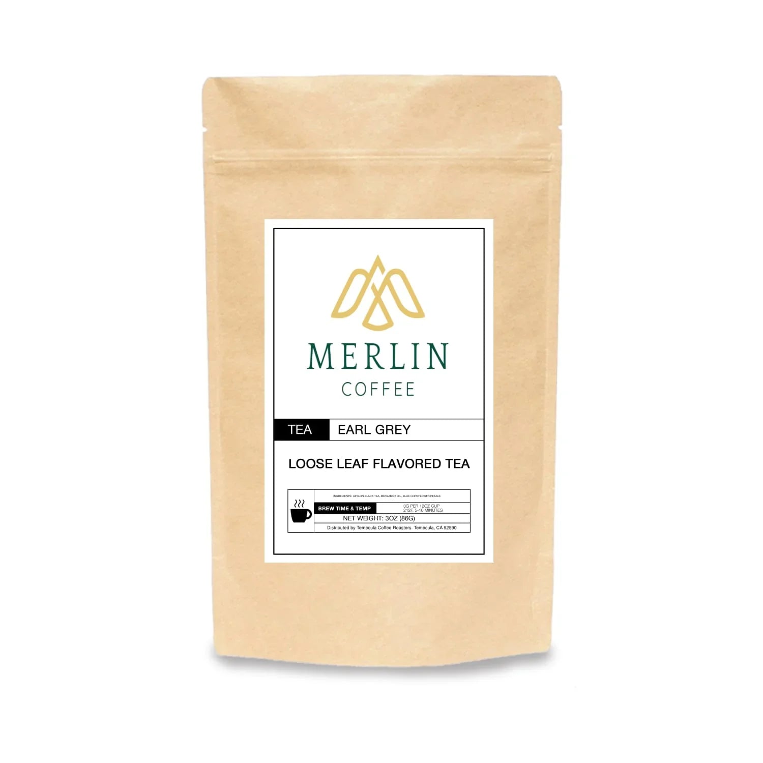 Earl Grey loose leaf tea kraft bag with clear product label on white background