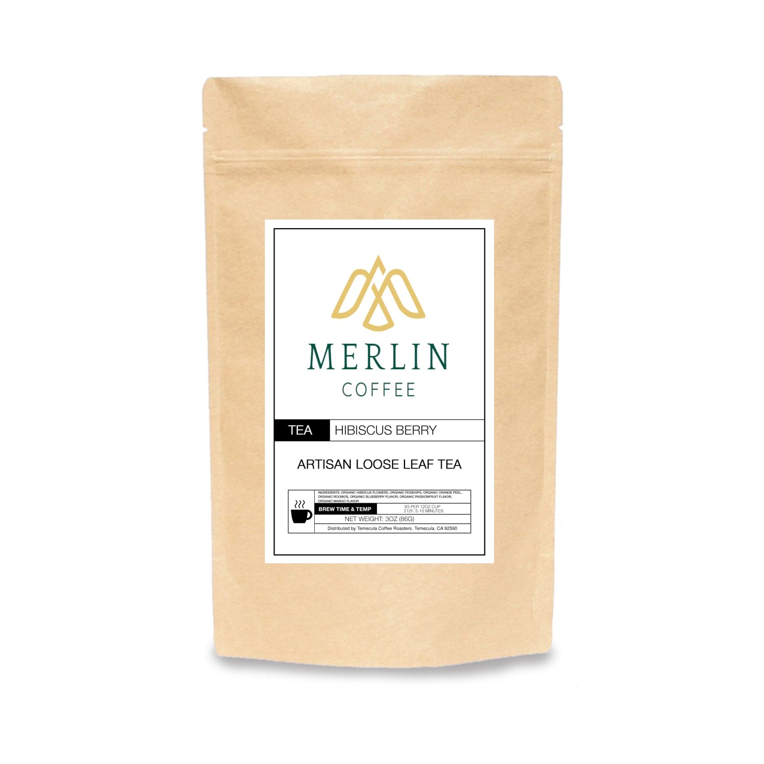 Brown kraft pouch of Hibiscus Berry artisan loose leaf tea with product label.