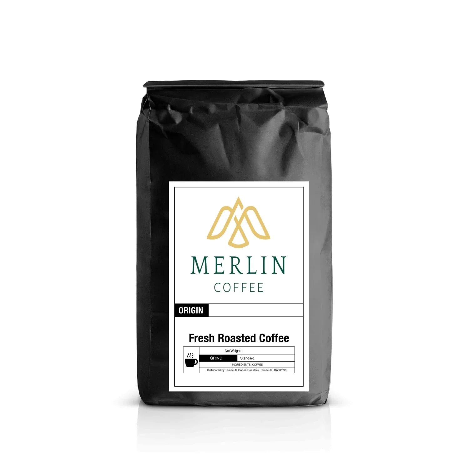 Black coffee bag labeled Merlin Coffee, fresh roasted coffee, with origin and grind details.